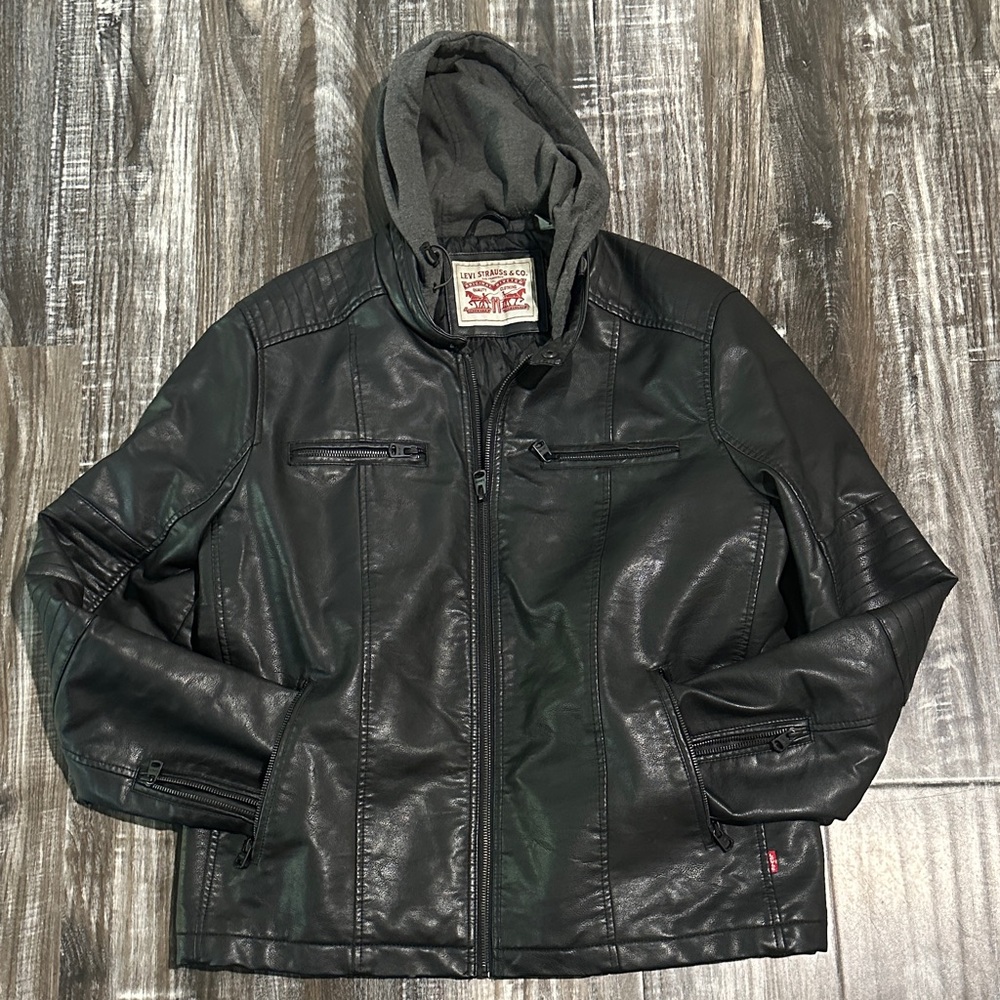 Stylish Black Leather Bomber Jacket with Hood